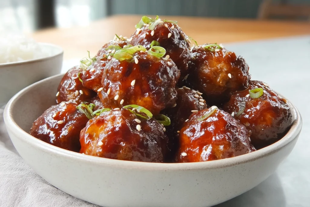 sweet chili meatballs served in bowl with garnish