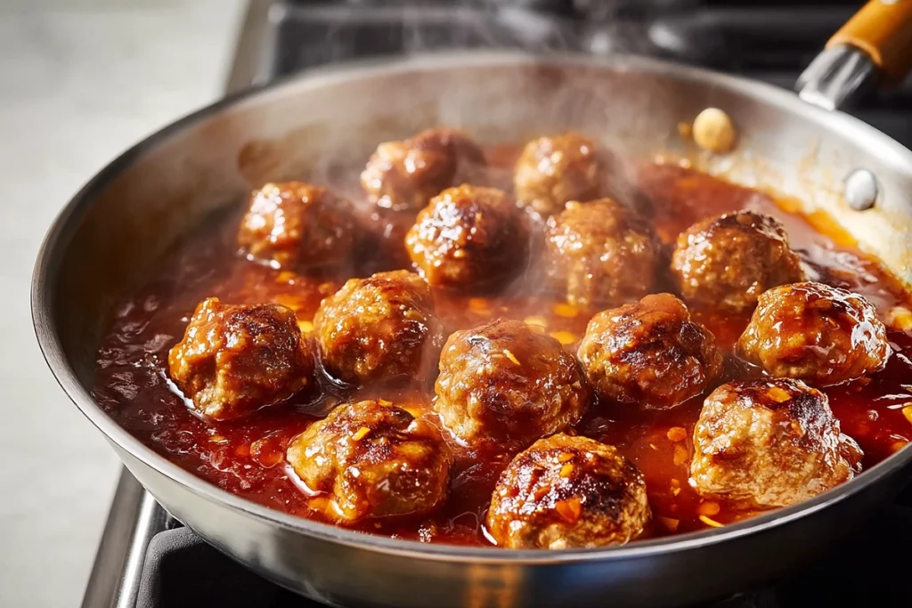sweet chili meatballs simmering in thick sauce
