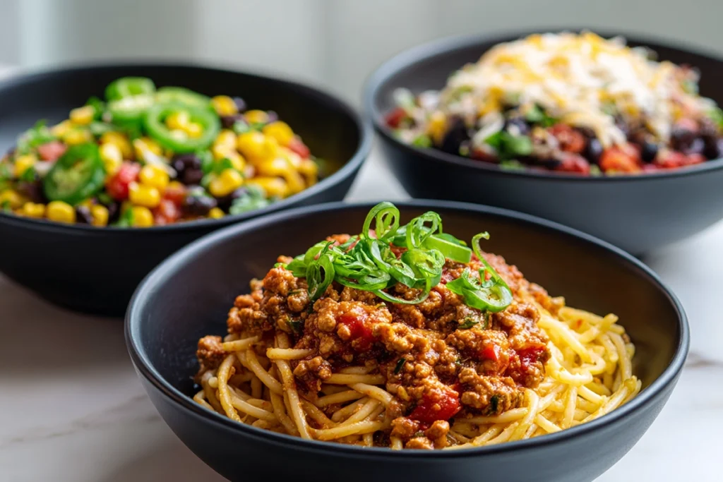 crockpot taco spaghetti variations including turkey, veggie, and spicy versions