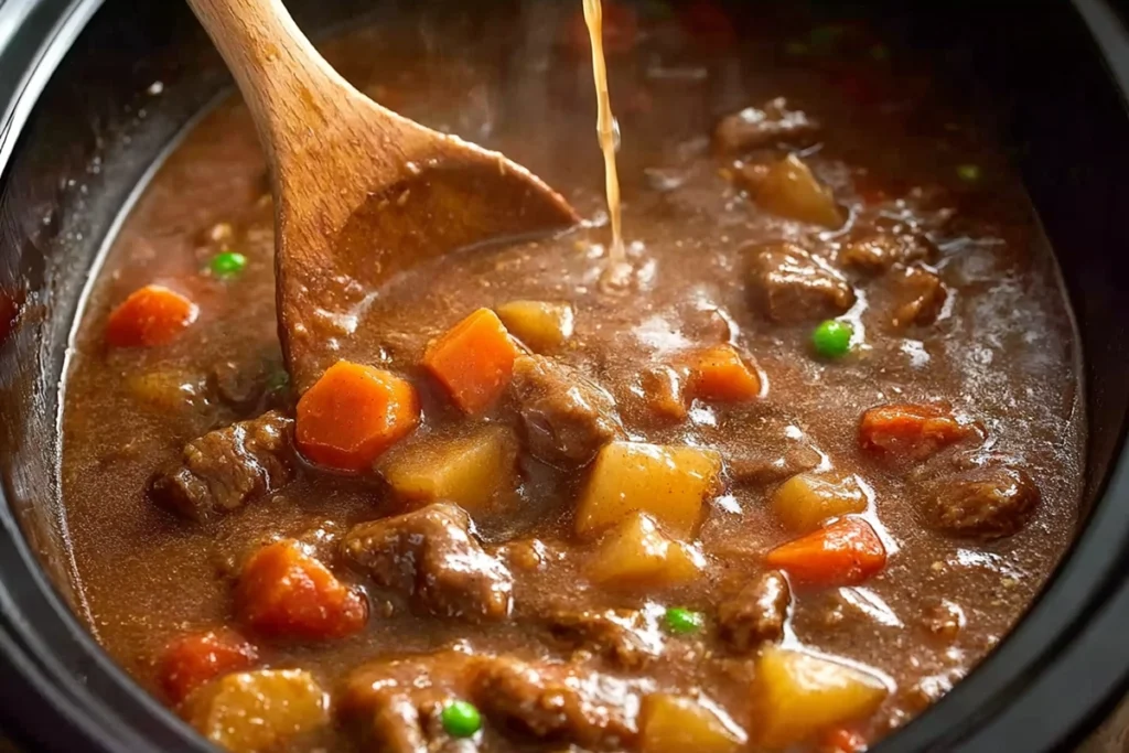 thickening slow cooker beef stew with a cornstarch slurry, showing rich gravy forming.