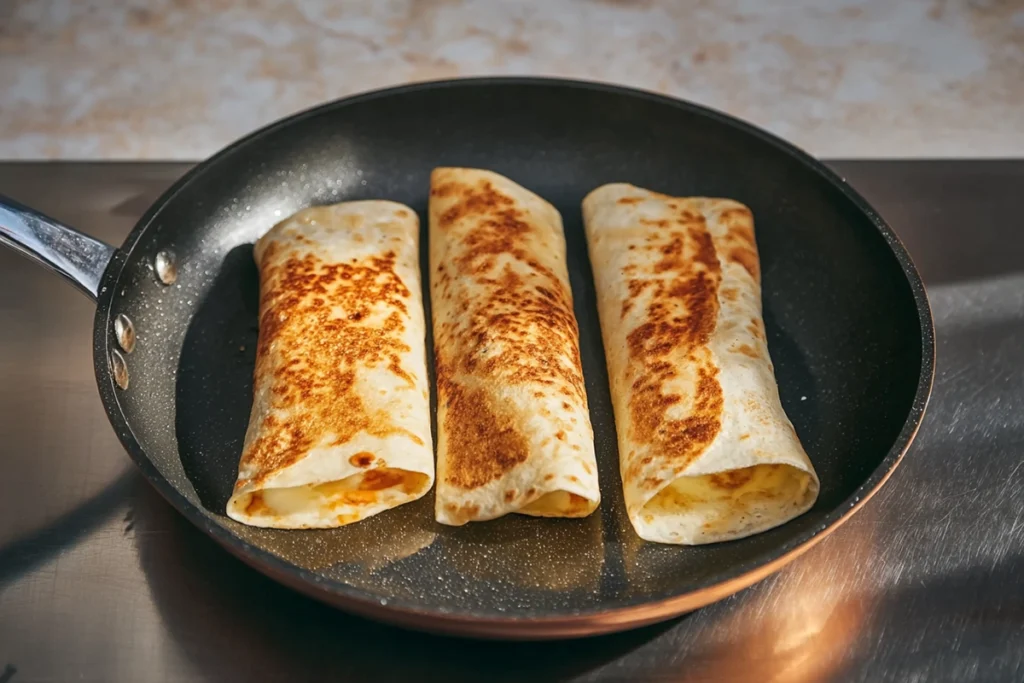 Cheesy Garlic Chicken Wraps cooking on skillet with golden crispy tortilla
