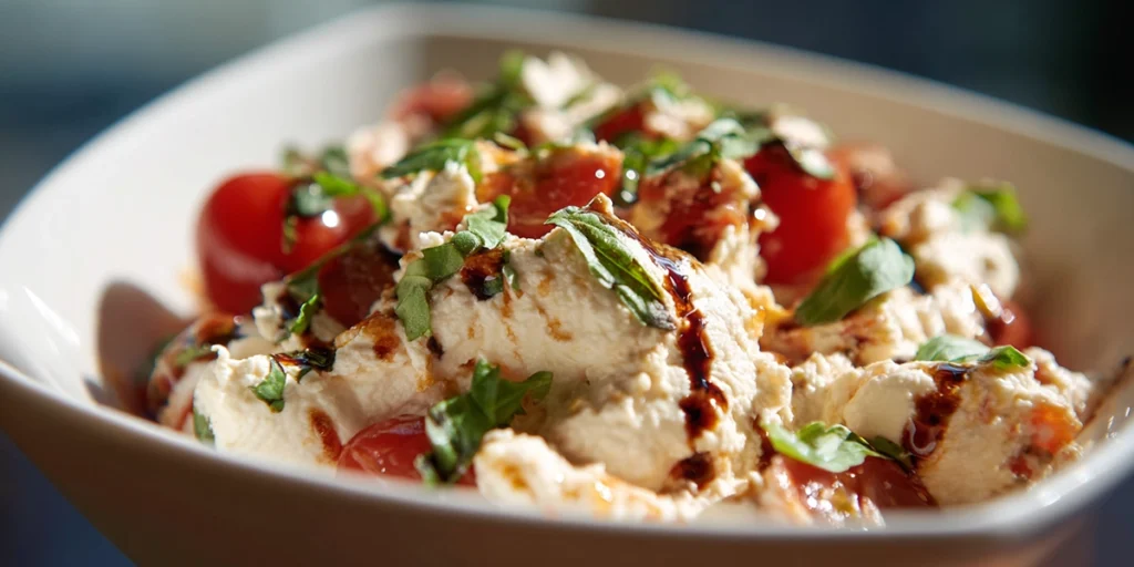 vegan Caprese dip with plant-based mozzarella, tomatoes, and basil