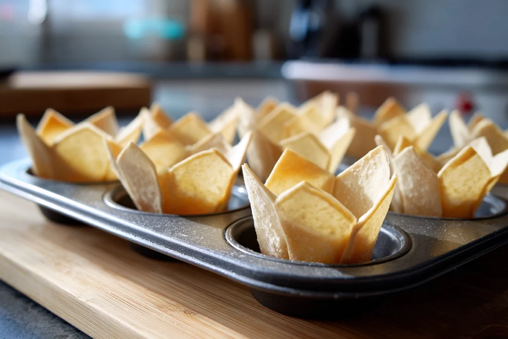 Spinach Artichoke Dip Wonton Cups That Never Disappoint 8 Wonton wrappers pressed into a muffin tin for Spinach Artichoke Dip Wonton Cups