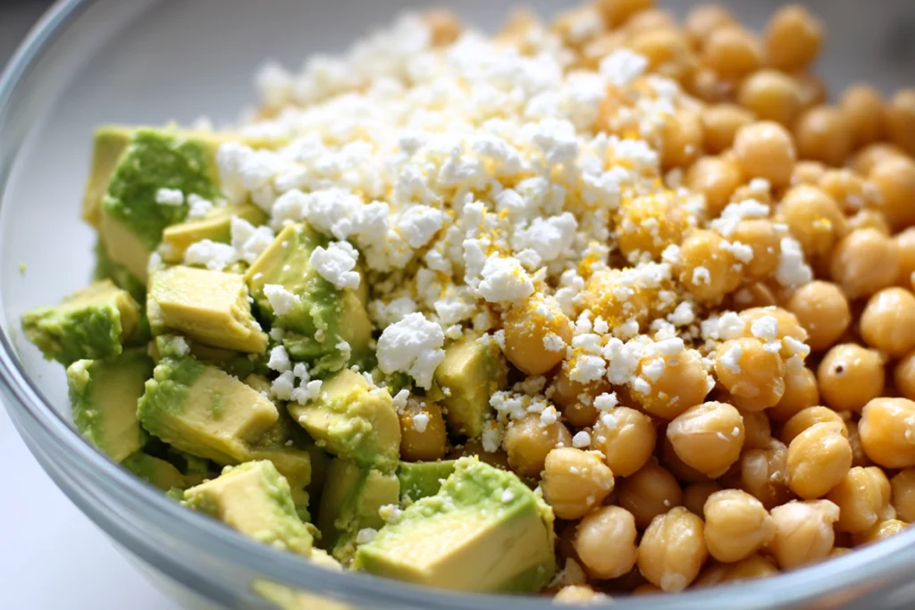 Adding avocado and feta to Chickpea Feta Avocado Salad