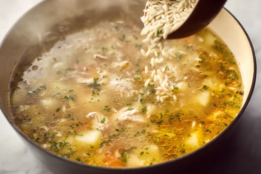 overhead view of orzo being added to simmering lemon chicken soup broth