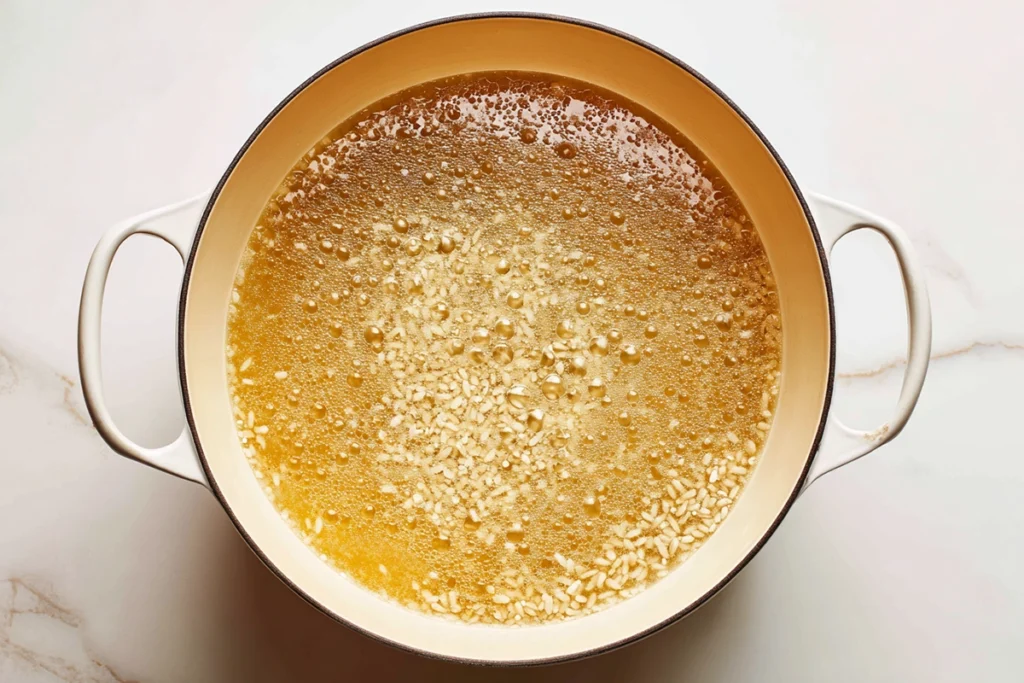 Overhead photo of rice and broth added to pot for one pot chicken and rice