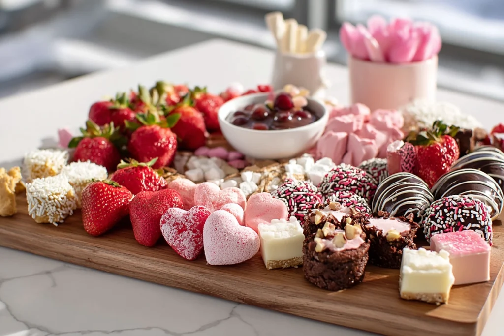 Finished Valentine’s Dessert Board ready to serve in a modern kitchen setting