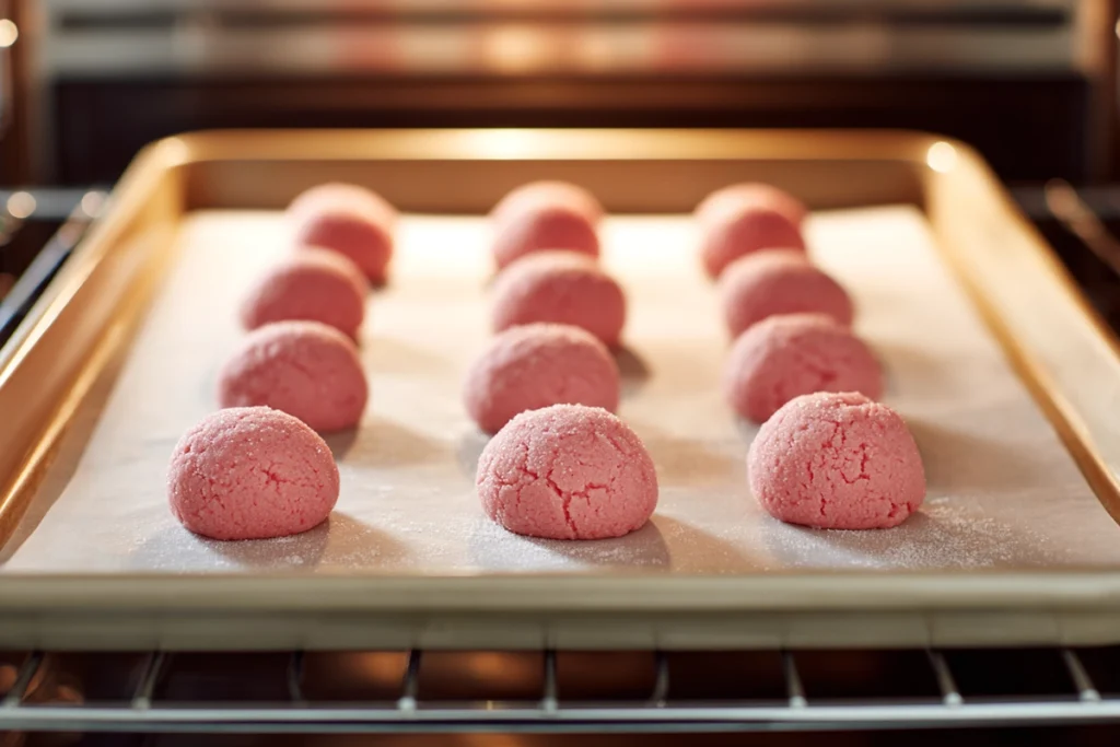 Pink White Chocolate Sugar Cookies baking on a parchment-lined sheet pan