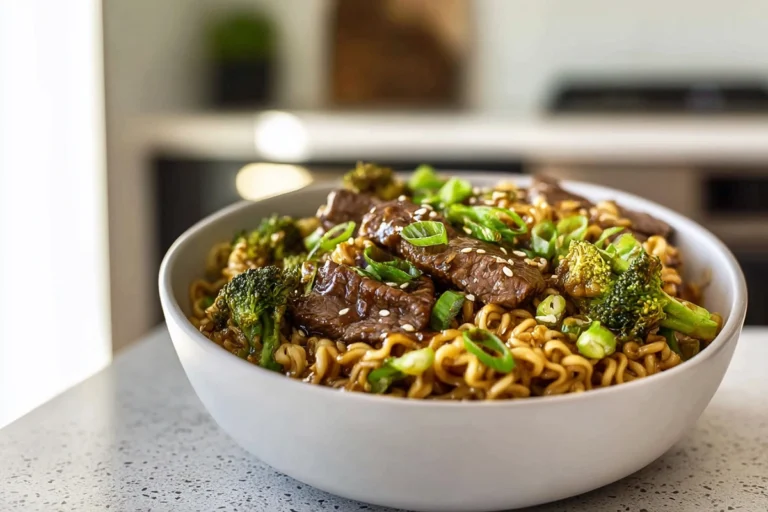 Photorealistic bowl of Beef and Broccoli Ramen Stir Fry in modern kitchen
