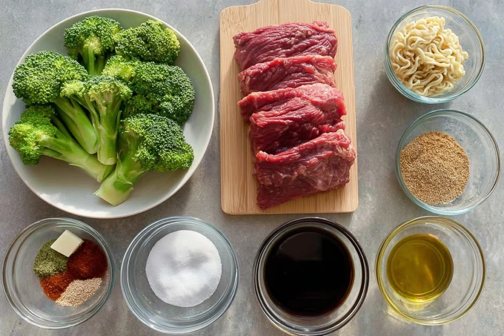 Overhead layout of ingredients for Beef and Broccoli Ramen Stir Fry