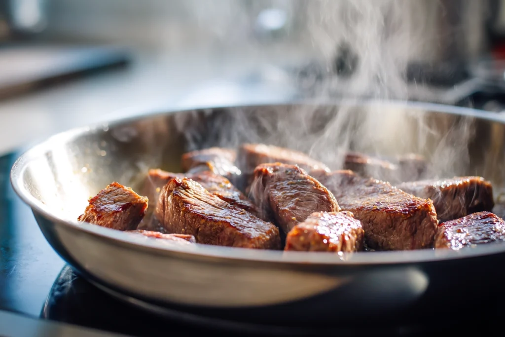 Beef slices searing in a skillet for Beef and Broccoli Ramen Stir Fry