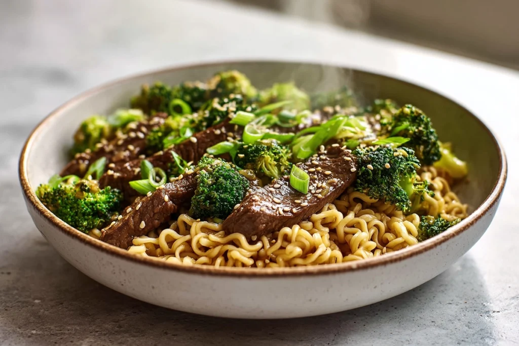 Final serving bowl of Beef and Broccoli Ramen Stir Fry