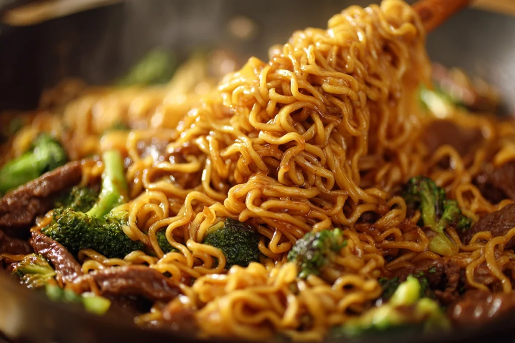 Close-up of noodles coated in sauce for Beef and Broccoli Ramen Stir Fry