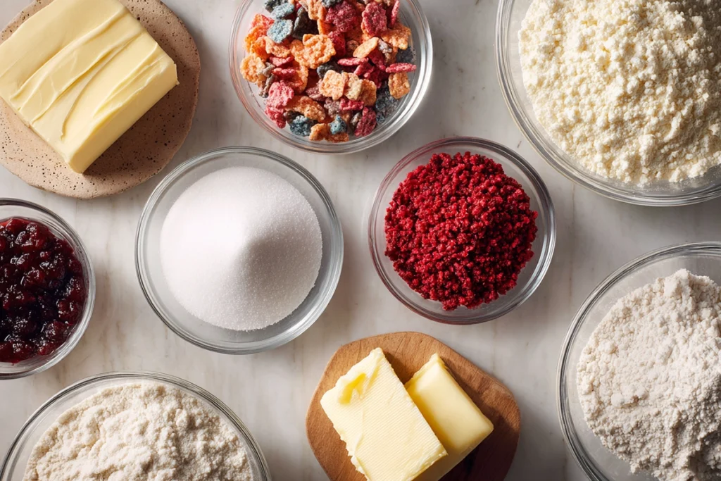 overhead ingredients setup for berry crunch cookies in glass bowls