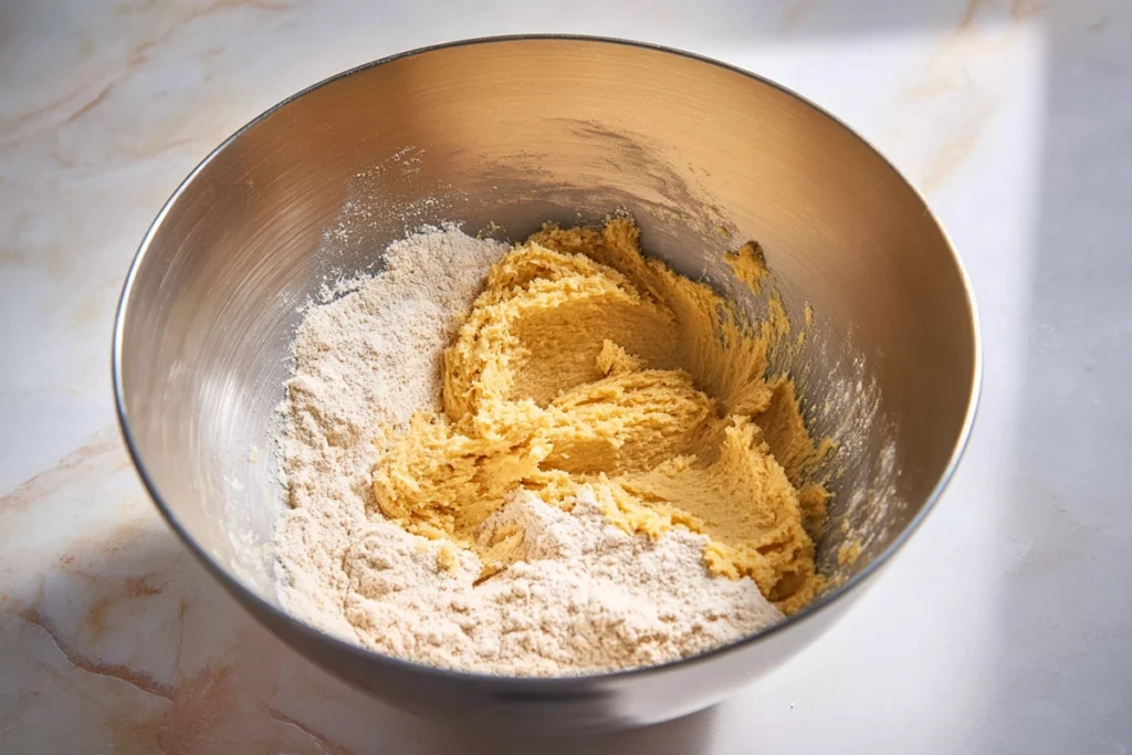 cookie dough being mixed for berry crunch cookies in modern kitchen