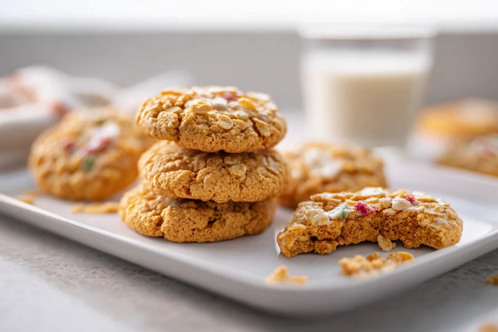 serving platter with freshly baked berry crunch cookies in modern kitchen
