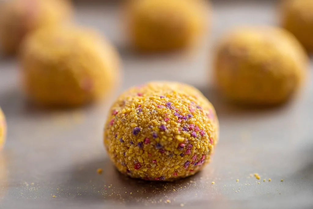 dough balls coated in berry cereal for berry crunch cookies