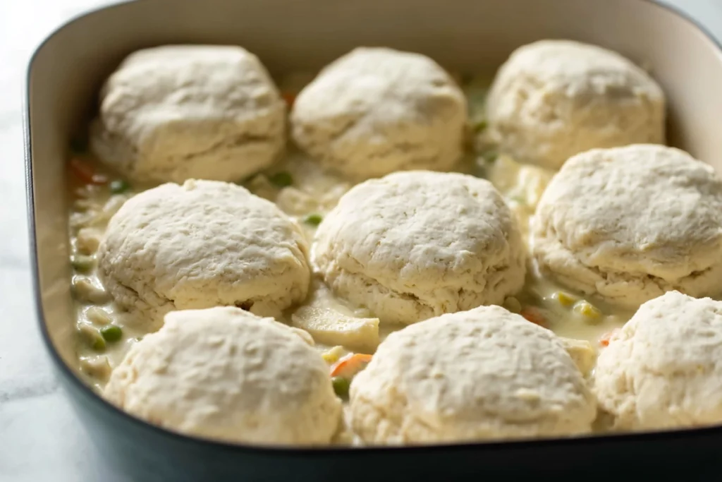 Creamy filling for Biscuit Chicken Pot Pie cooking in a skillet