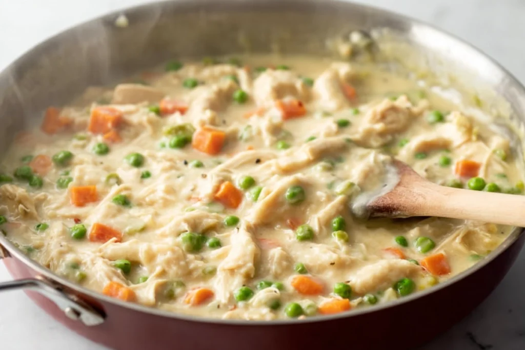 Biscuit dough placed over chicken pot pie filling before baking