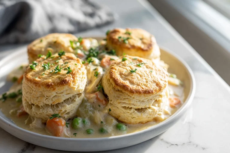 Biscuit Chicken Pot Pie with golden biscuits and creamy chicken filling