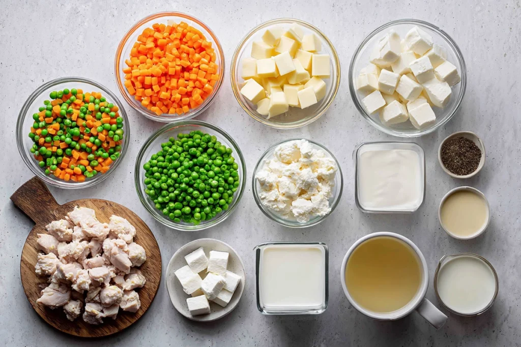 Ingredients for Biscuit Chicken Pot Pie arranged on a modern kitchen counter