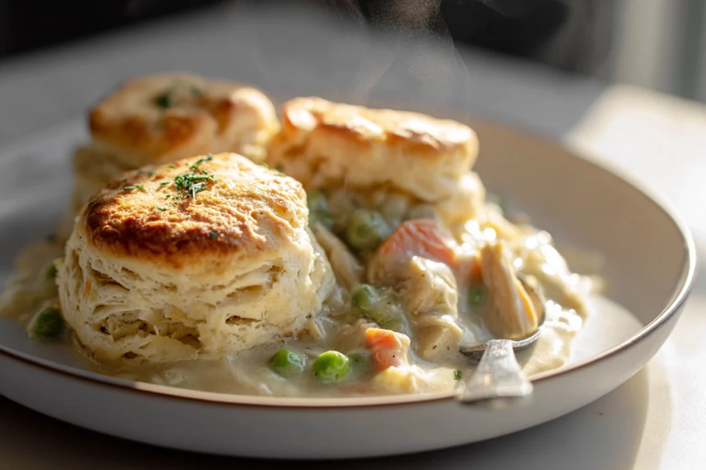 Served Biscuit Chicken Pot Pie with creamy chicken filling