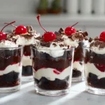 Black Forest Cake Cups layered with chocolate cake, whipped cream, and cherries on a kitchen counter