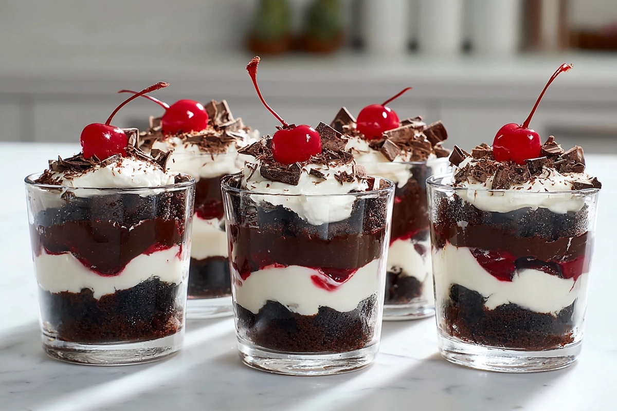 Black Forest Cake Cups layered with chocolate cake, whipped cream, and cherries on a kitchen counter