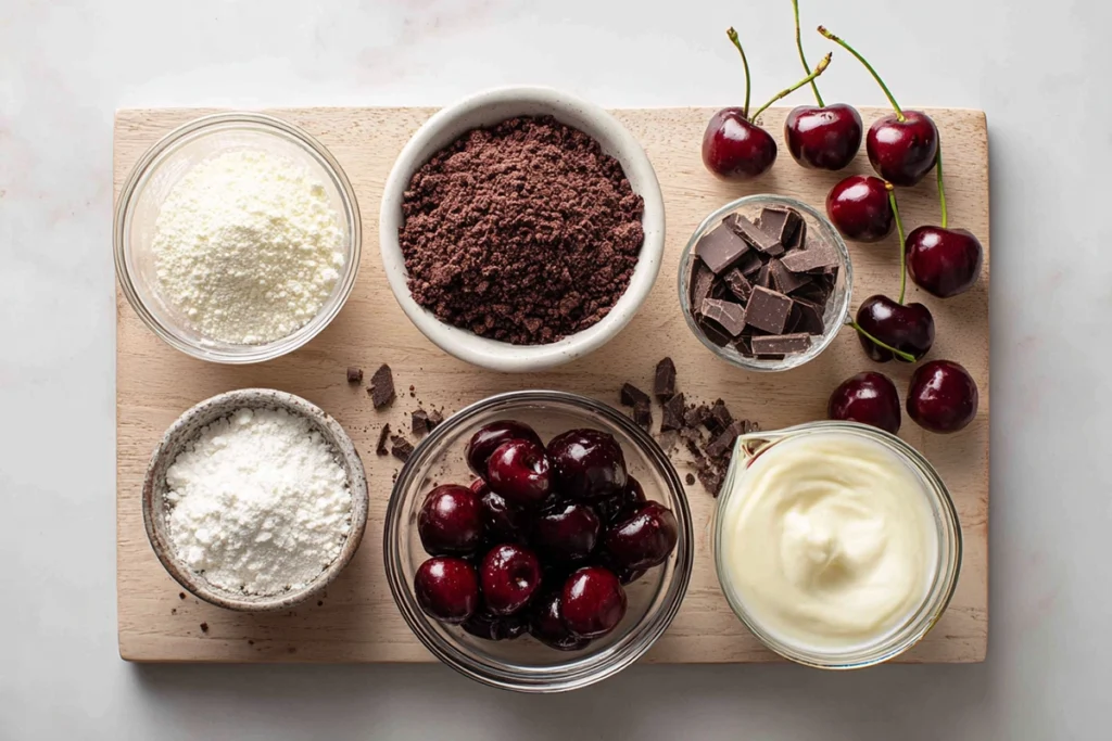 Ingredients for Black Forest Cake Cups including chocolate cake, whipped cream, cherries, and chocolate