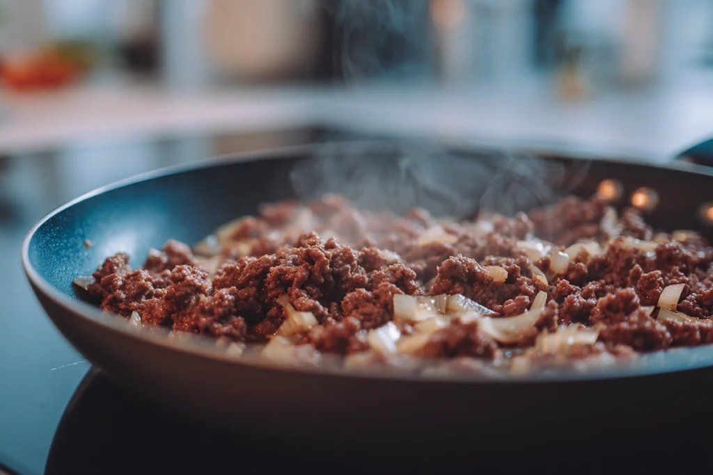 Browning ground beef and onions for Hobo Casserole in a skillet