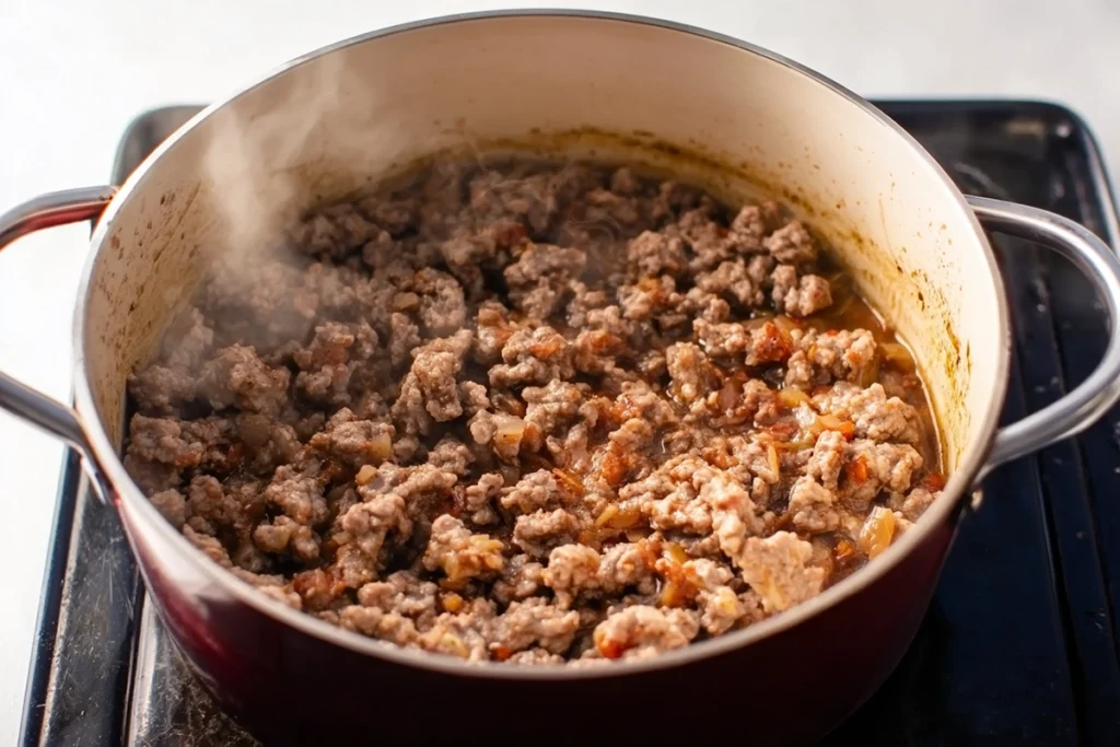 Zuppa Toscana Soup That Finally Works at Home 8 Browning Italian sausage in a pot for Zuppa Toscana Soup