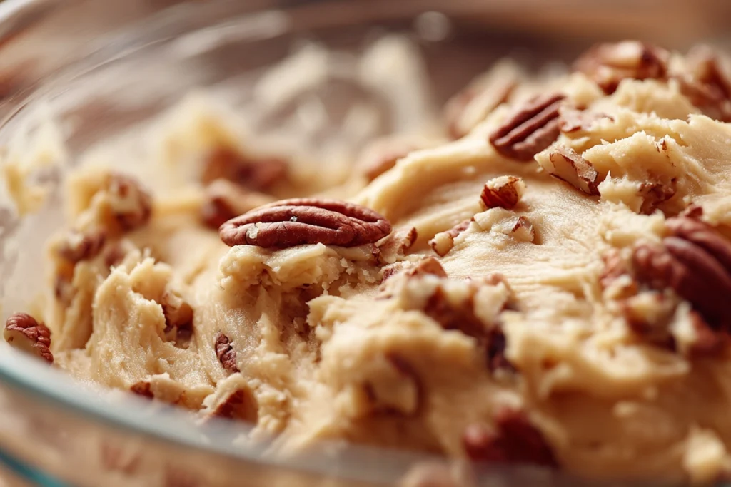 folding toasted pecans into cookie dough for butter pecan cookies