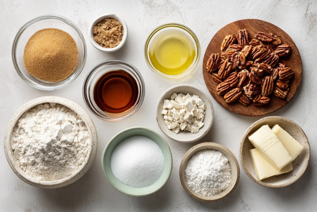 overhead ingredients shot for butter pecan cookies on modern kitchen counter