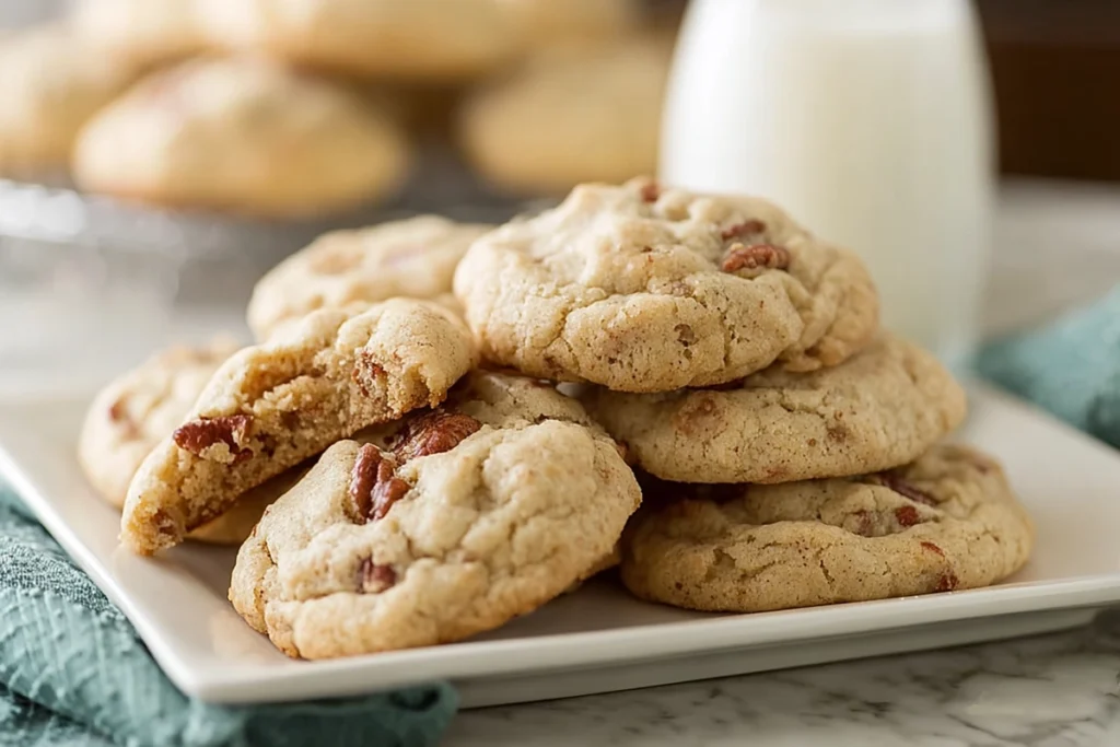 serving platter of butter pecan cookies in natural daylight