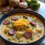 creamy cajun potato soup garnished with green onions and cheddar cheese