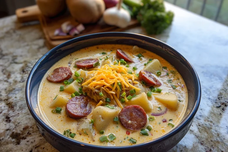 creamy cajun potato soup garnished with green onions and cheddar cheese