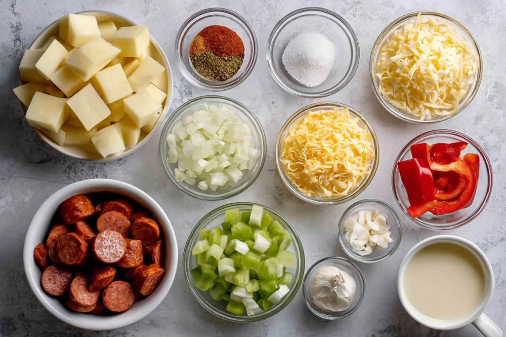ingredients for cajun potato soup arranged on a modern kitchen counter