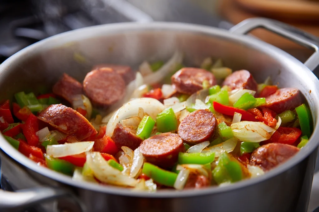 sautéing sausage and vegetables for cajun potato soup in a pot