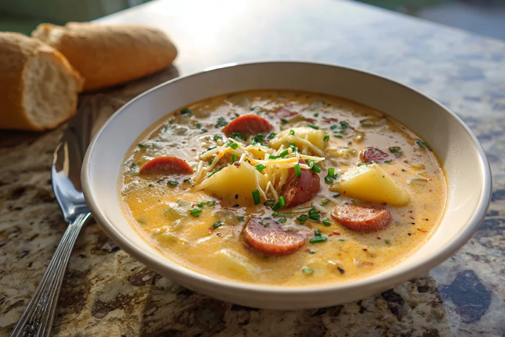 serving bowl of creamy cajun potato soup ready to eat