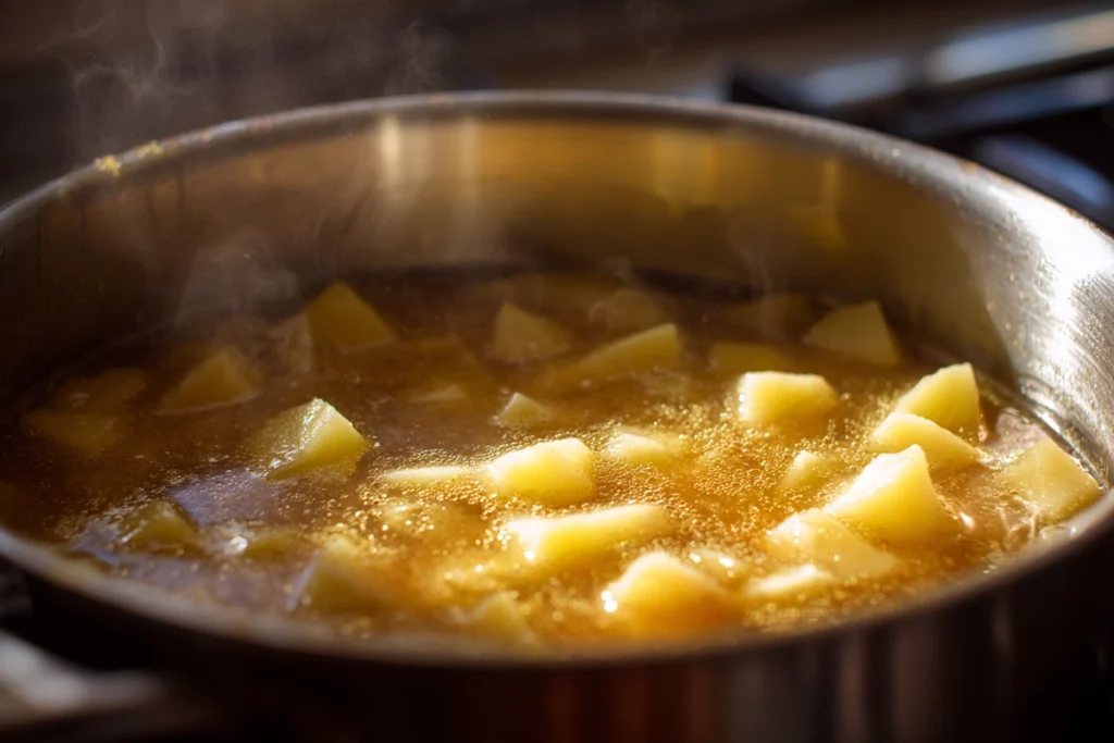 potatoes simmering in seasoned broth for cajun potato soup