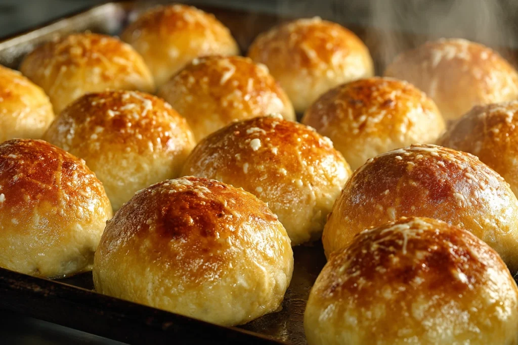 Freshly baked Cheeseburger Bombs brushed with garlic butter