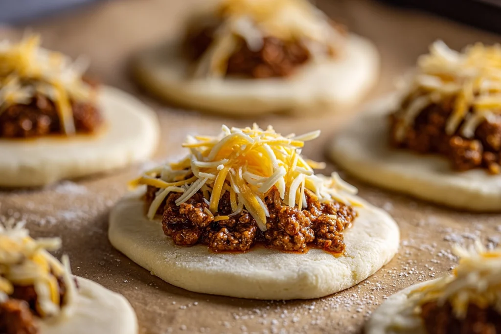 Filling biscuit dough with beef and cheese for Cheeseburger Bombs
