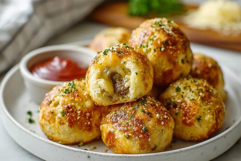 Cheeseburger Bombs with garlic parmesan crust served warm on a plate