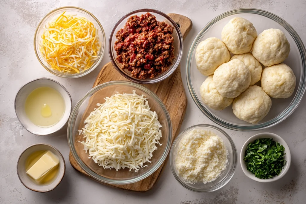 Ingredients needed to make Cheeseburger Bombs arranged on a kitchen counter
