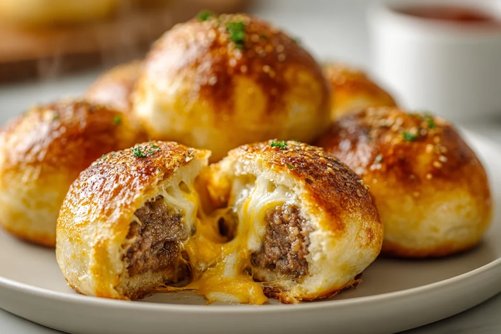 Cheeseburger Bombs showing melted cheese and beef filling inside