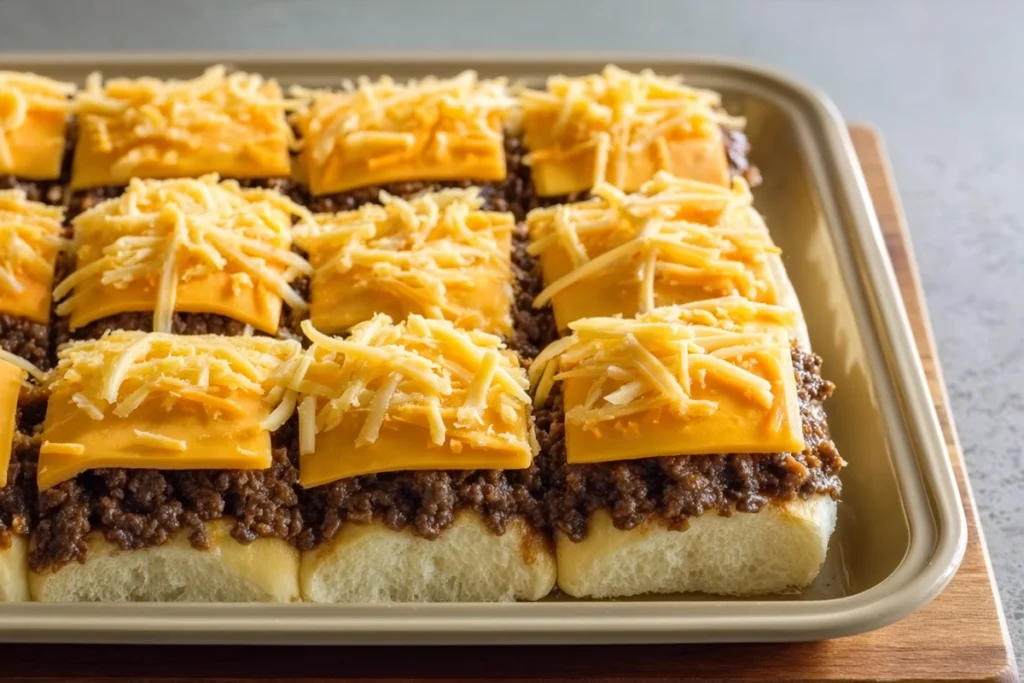 assembling cheeseburger sliders with beef and cheese on buns