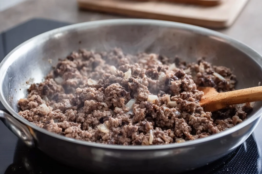 ground beef browning in skillet for cheeseburger sliders recipe