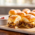 cheeseburger sliders baked golden with melted cheese on modern kitchen counter