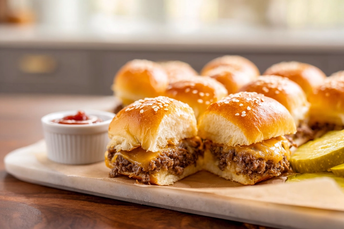 cheeseburger sliders baked golden with melted cheese on modern kitchen counter