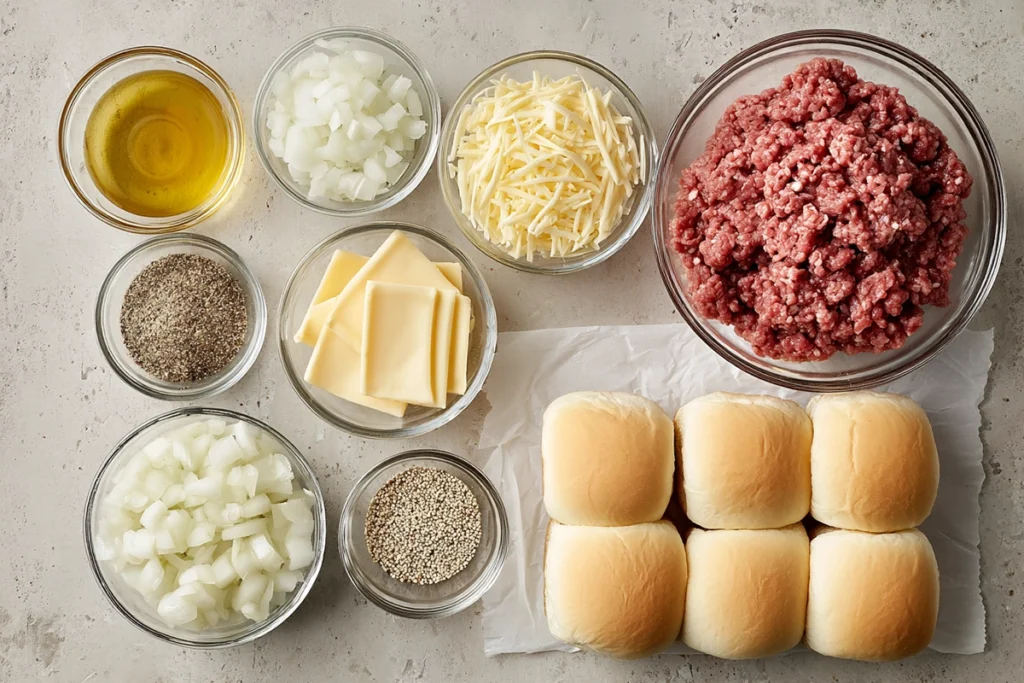 ingredients for cheeseburger sliders arranged overhead on modern kitchen counter